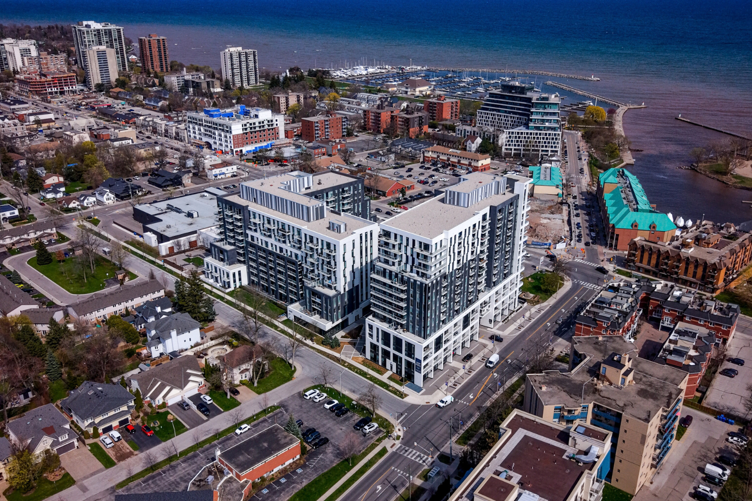 Drone view of The Village at Bronte luxury rental community near the Bronte waterfront and harbour in Oakville.