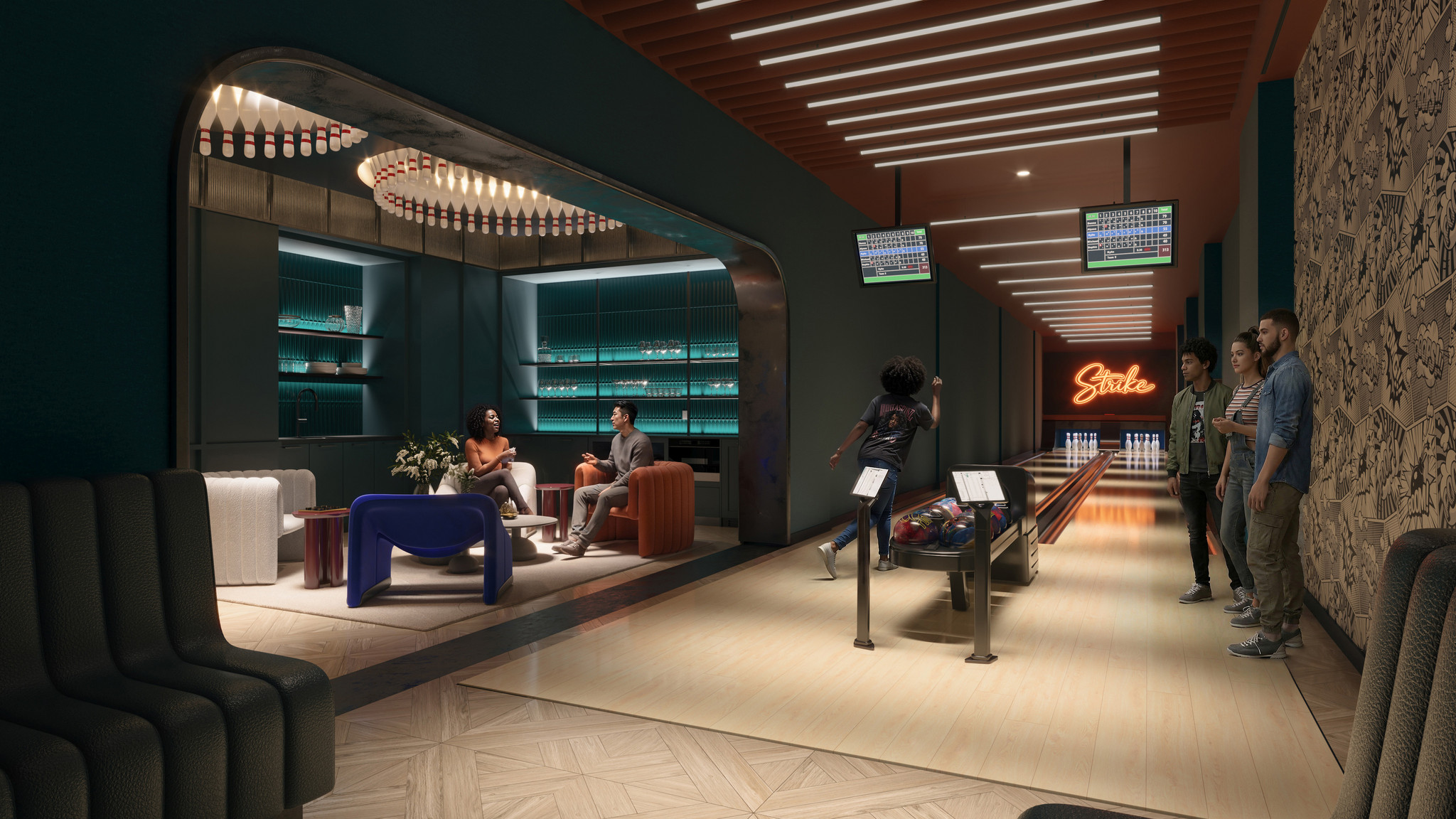 Bowling lounge with two-lane bowling alley