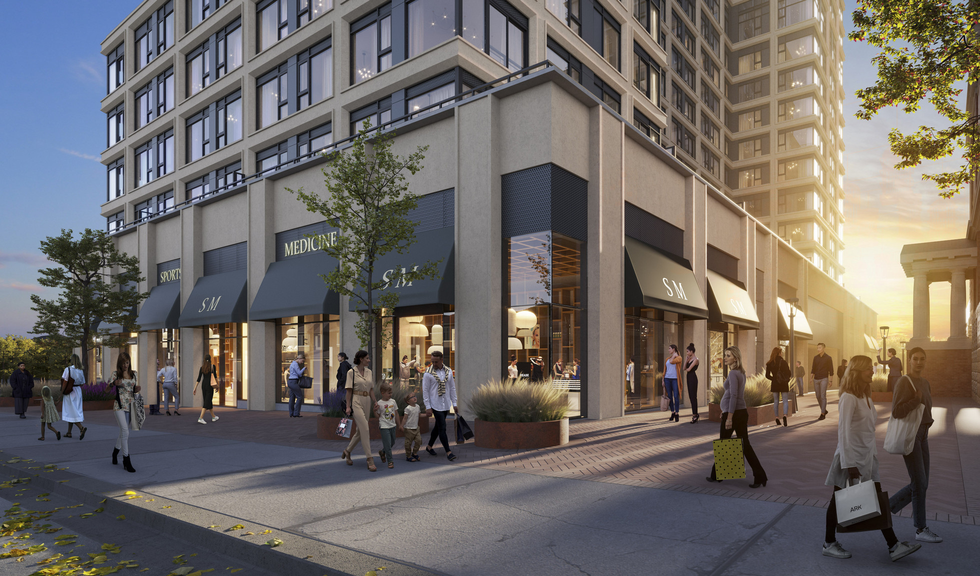 Streetscape with retail and public spaces