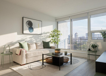 Light Filled Living Room with City Views from Balcony
