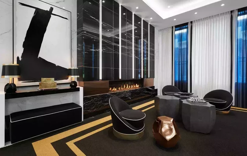 Entry foyer with modern furnishings and welcoming atmosphere at a luxury rental property in Midtown Toronto.