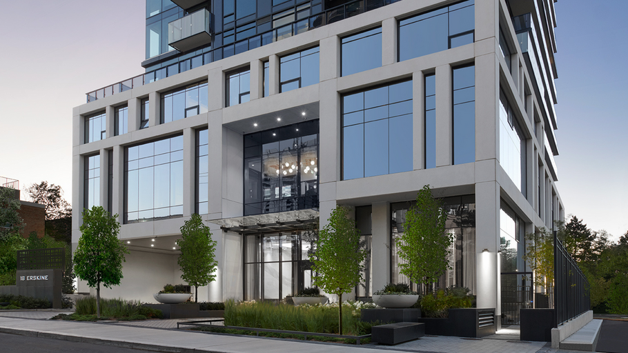 Grand 2-storey glass front entrance podium of 18 Erskine Ave luxury apartments in Midtown Toronto