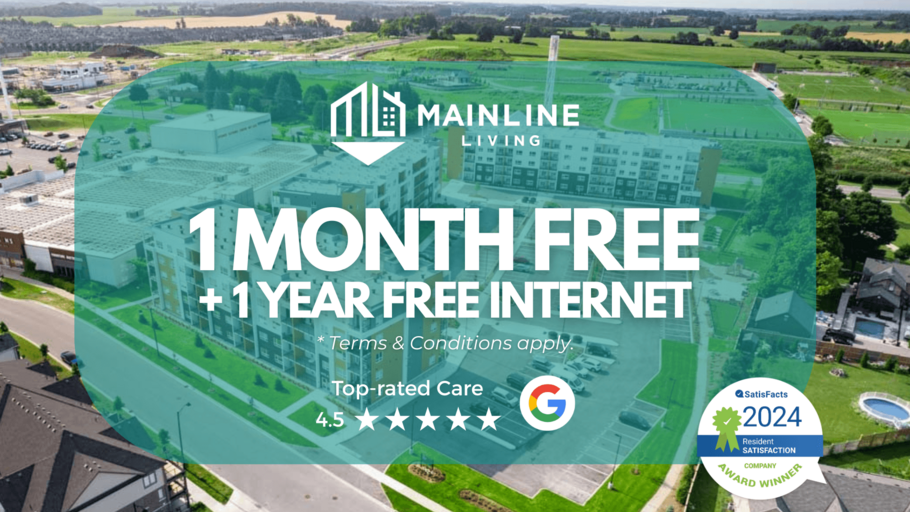 A promotional image for Mainline Living offers 1 month free and 1 year of free internet.