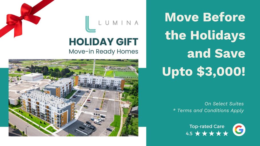 A promotional image for Lumina Holiday Gift offering savings on select suites.