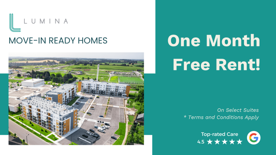 A promotional image for Lumina Move-in Ready Homes offering a one month free rent.