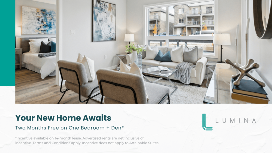 A modern living room with a large window and a view of a building outside.