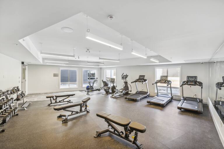 A spacious gym with a variety of equipment including treadmills, weights, and benches.