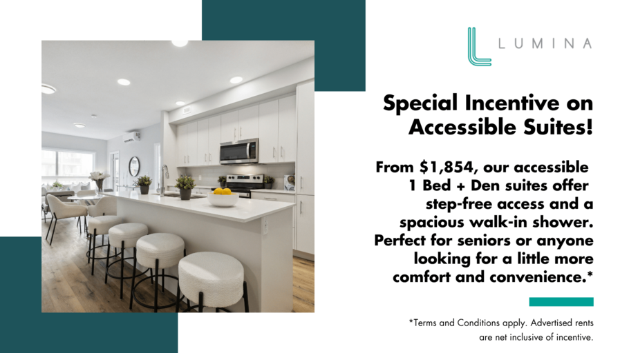 A flyer for Lumina with a kitchen scene and information about special incentives on accessible suites.