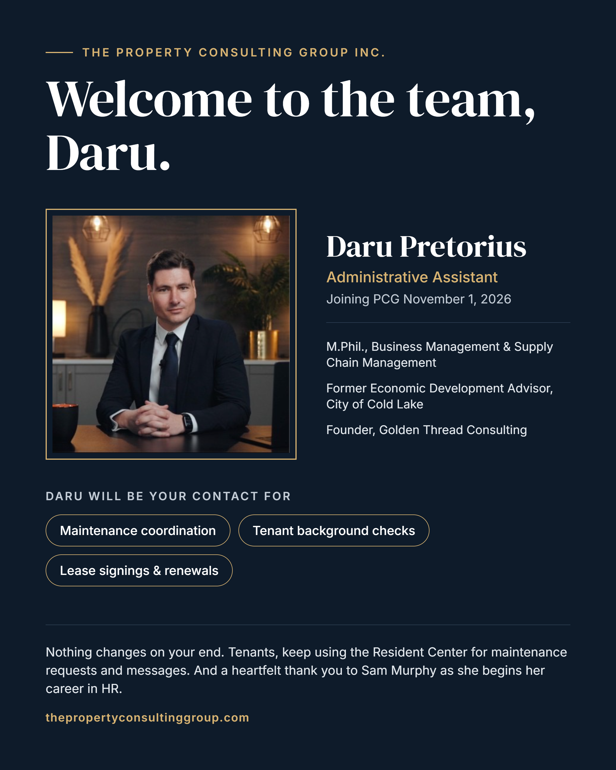 Welcome Daru Pretorius to the Property Consulting Group Team! Image