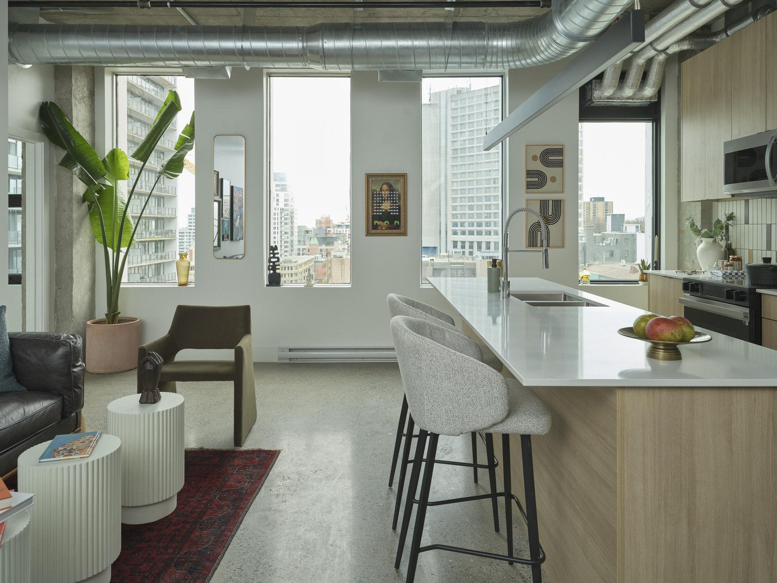 Living room and kitchen island area
