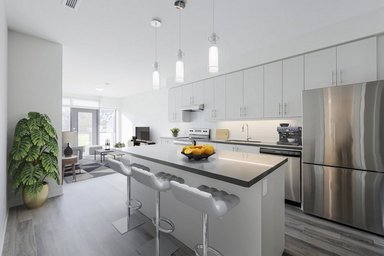 Virtually staged Toronto apartment with spacious kitchen at 196 Exbury Road including a fridge, stove, dishwasher, and ample cabinet space.