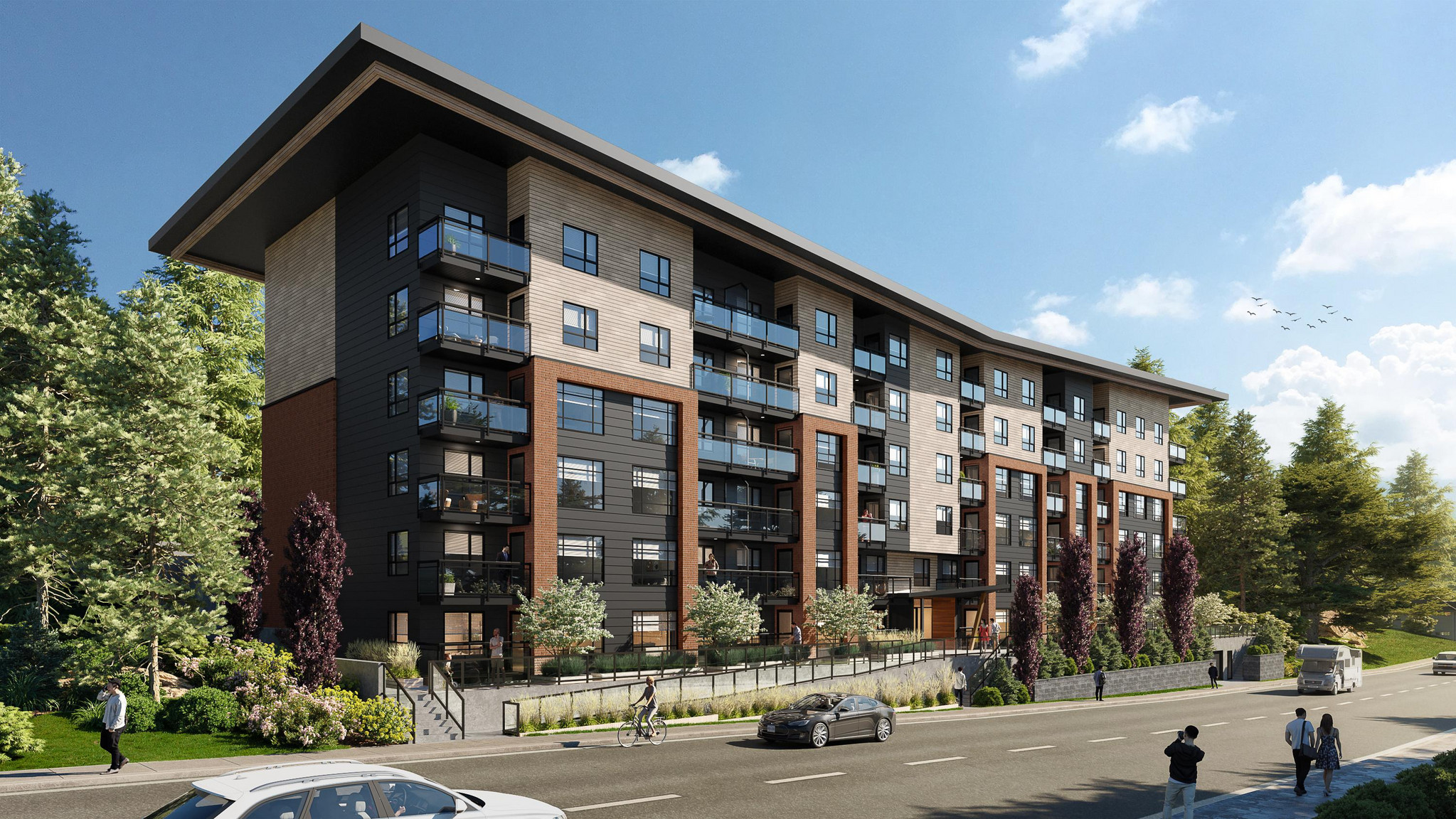 a rendered illustration of Skyside residences building with surrounding landscaping from street view