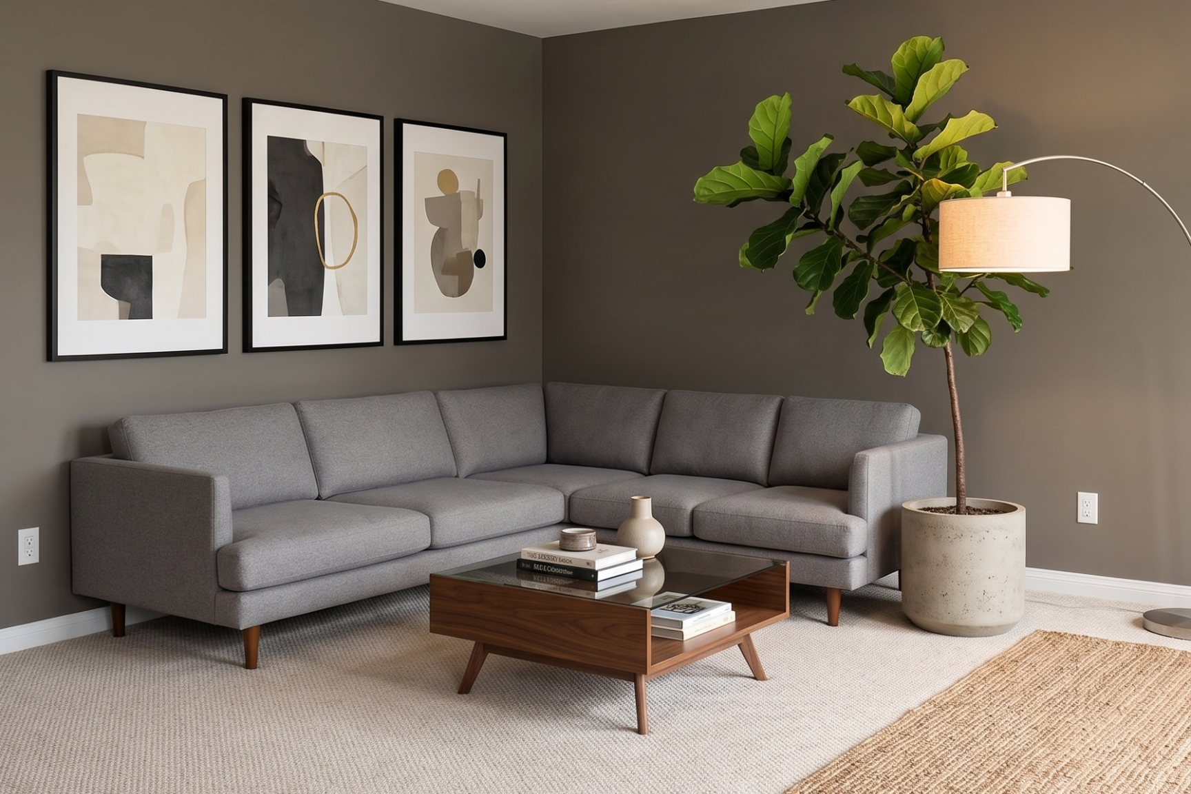 Modern living room interior at Hillside Estate in Edmonton featuring a grey sectional sofa, mid-century wooden coffee table, triptych wall art, and a large fiddle-leaf fig plant.