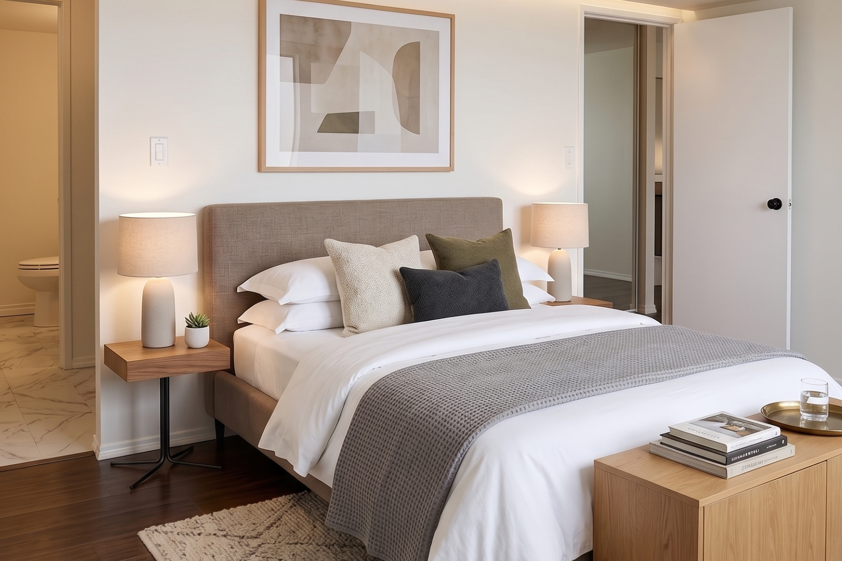 Modern bedroom with neutral decor, upholstered bed, and bedside tables at Hillside Estate, Edmonton.