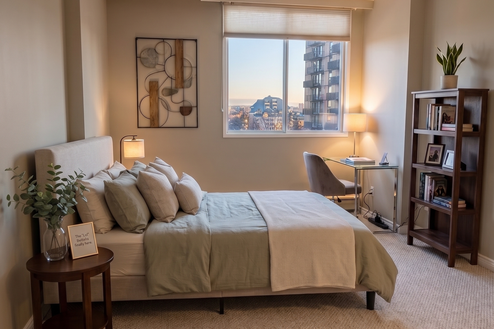 Modern bedroom with a bed, desk, and bookshelf at Hillside Estate, Edmonton.