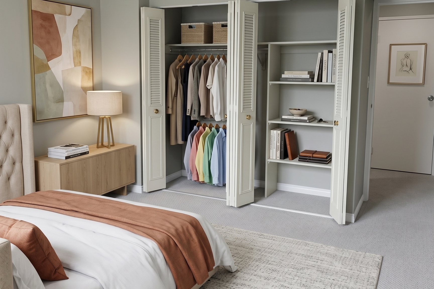 Organized bedroom closet with built-in shelving and hanging clothes at Hillside Estate, Edmonton.