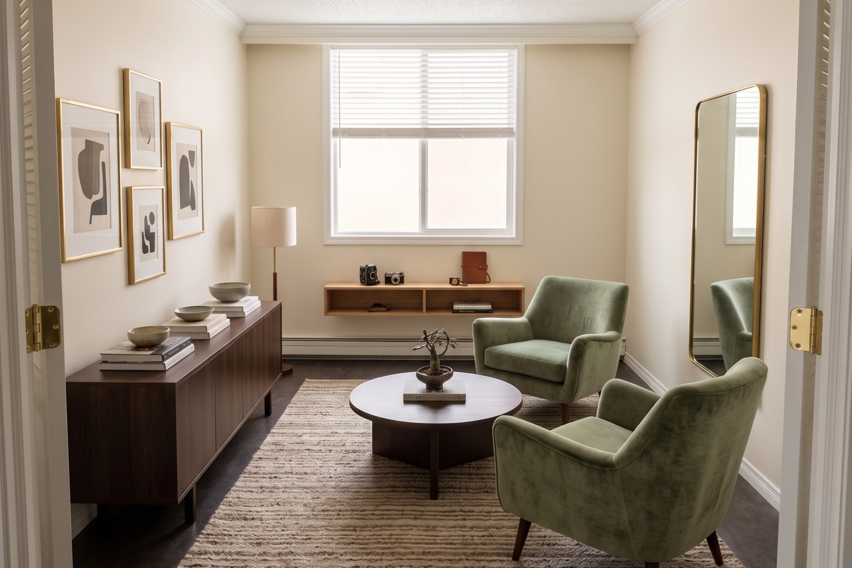 Modern den sitting area with green armchairs and a wooden coffee table at Hillside Estate, Edmonton.