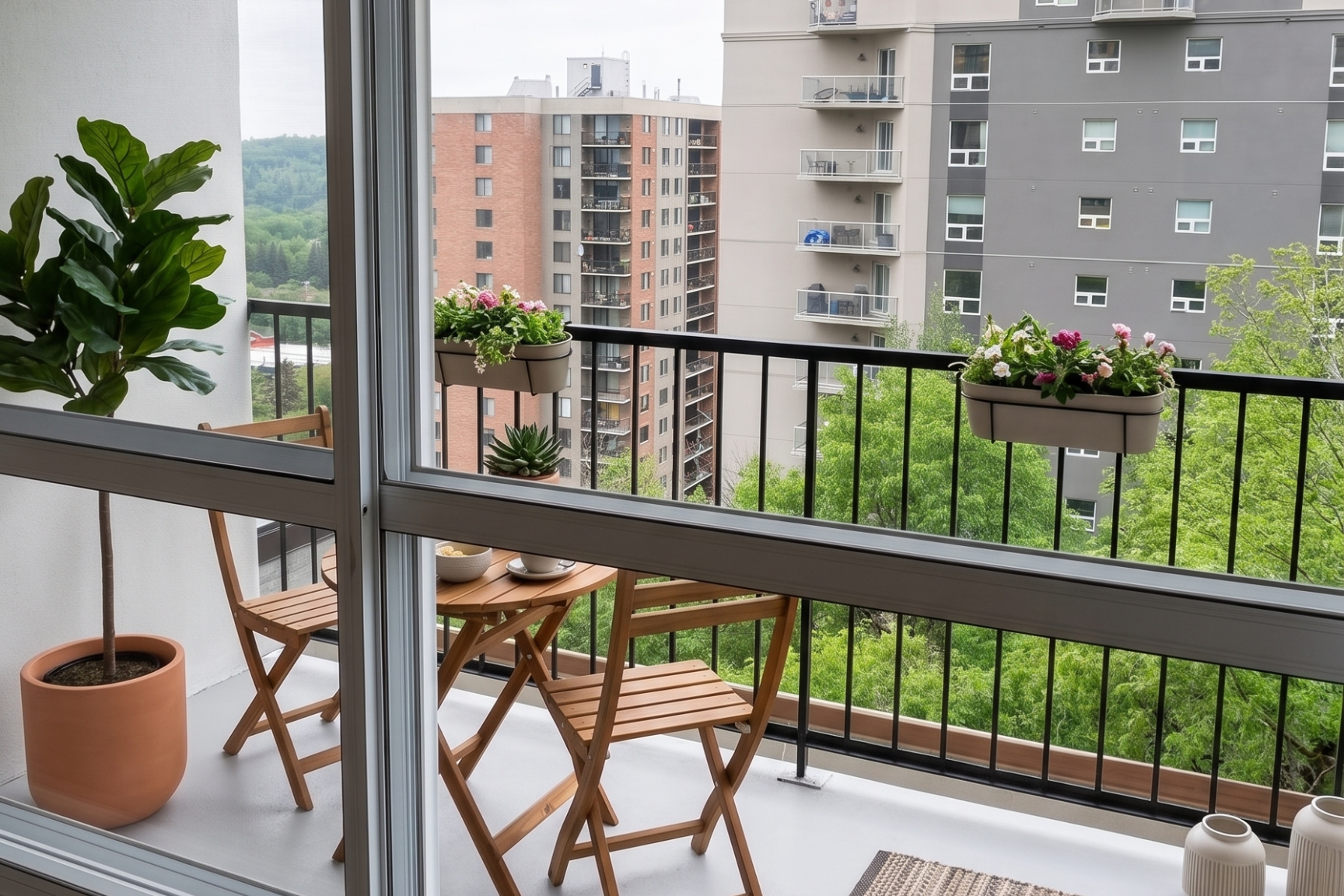 A private apartment balcony at Hillside Estate in Edmonton, featuring a wooden bistro table and chairs, a large potted fiddle-leaf fig, and flower boxes on the railing overlooking the city.