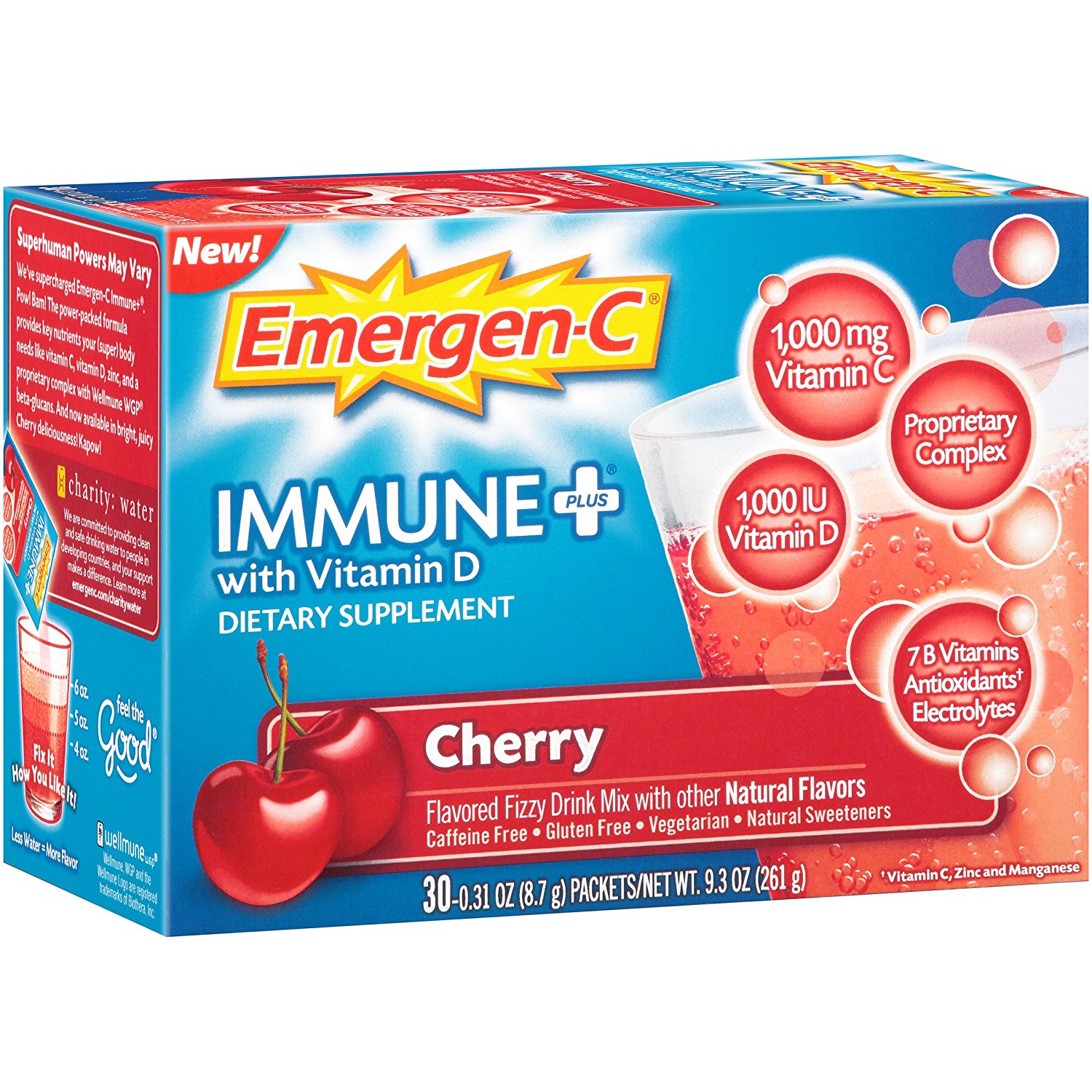 EMERGENC Immune+ Drink Mix w/ VitaminD 1000mg VitaminC Cherry Flavor