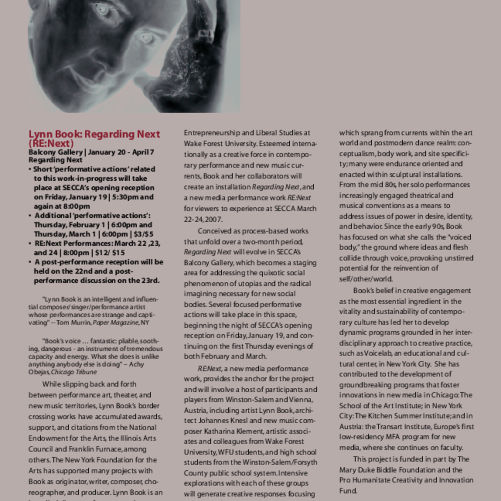 Regarding Next, 2007, Winston-Salem, performance installation,  press page