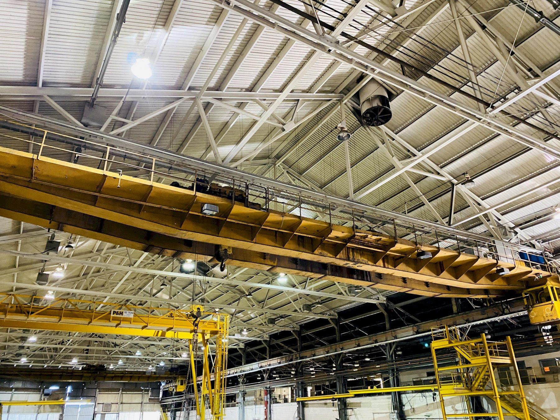 15 TON X 103’4″ P&H OVERHEAD BRIDGE CRANE WITH 5 TON AUXILLARY. STOCK