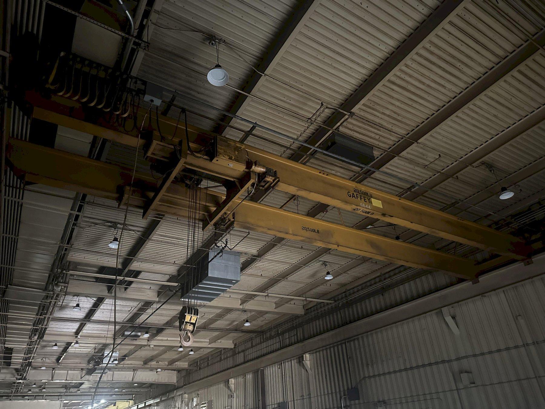 10 TON X 48′ GAFFEY DOUBLE GIRDER OVERHEAD CRANE W/ SHAW-BOX WIRE ROPE ...