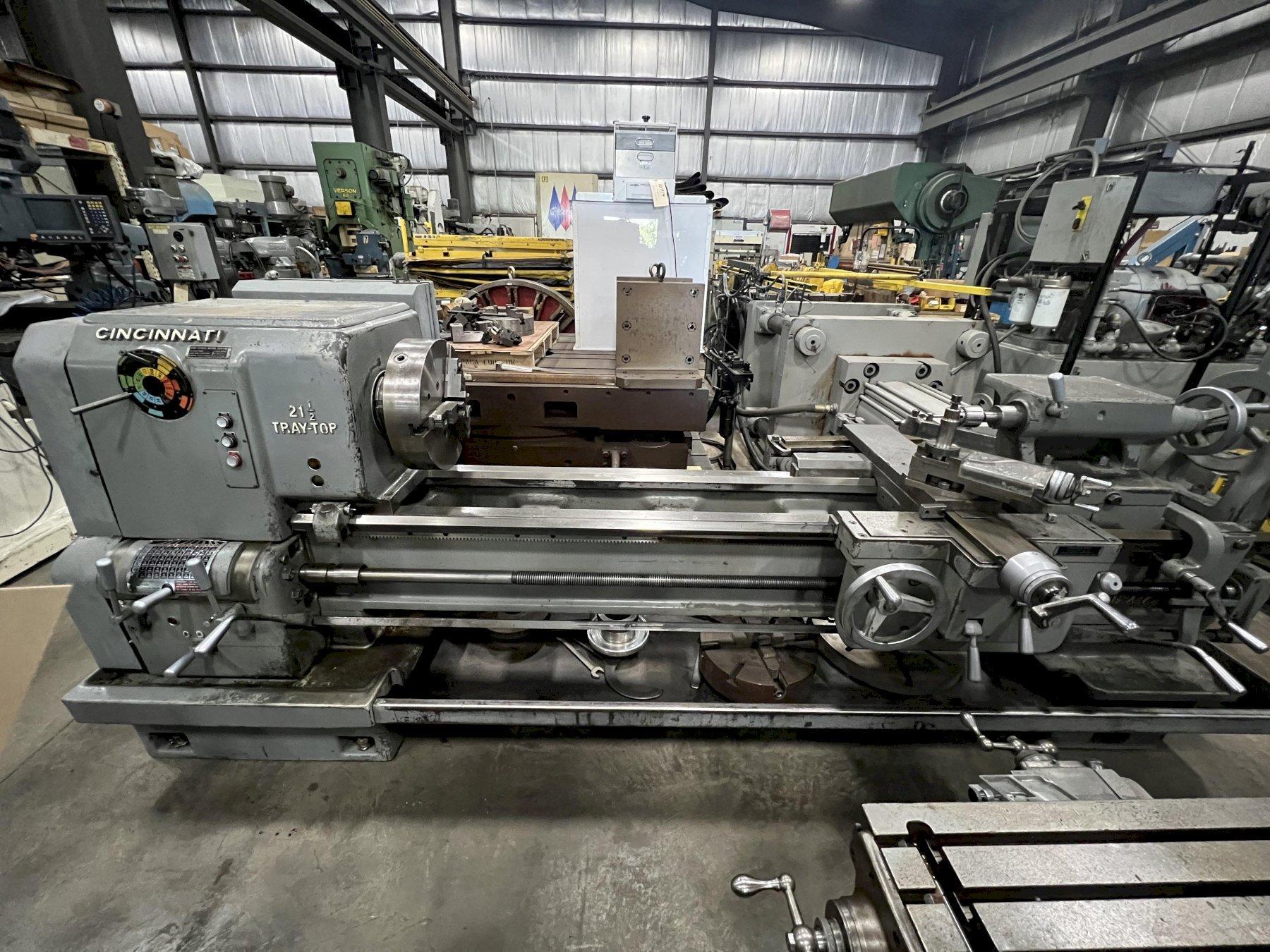 21.5" x 72" CINCINNATI ENGINE LATHE, MODEL 21 1/2 TRAY-TOP, 15" CHUCKS, TAILSTOCK, TAPER, STEADY