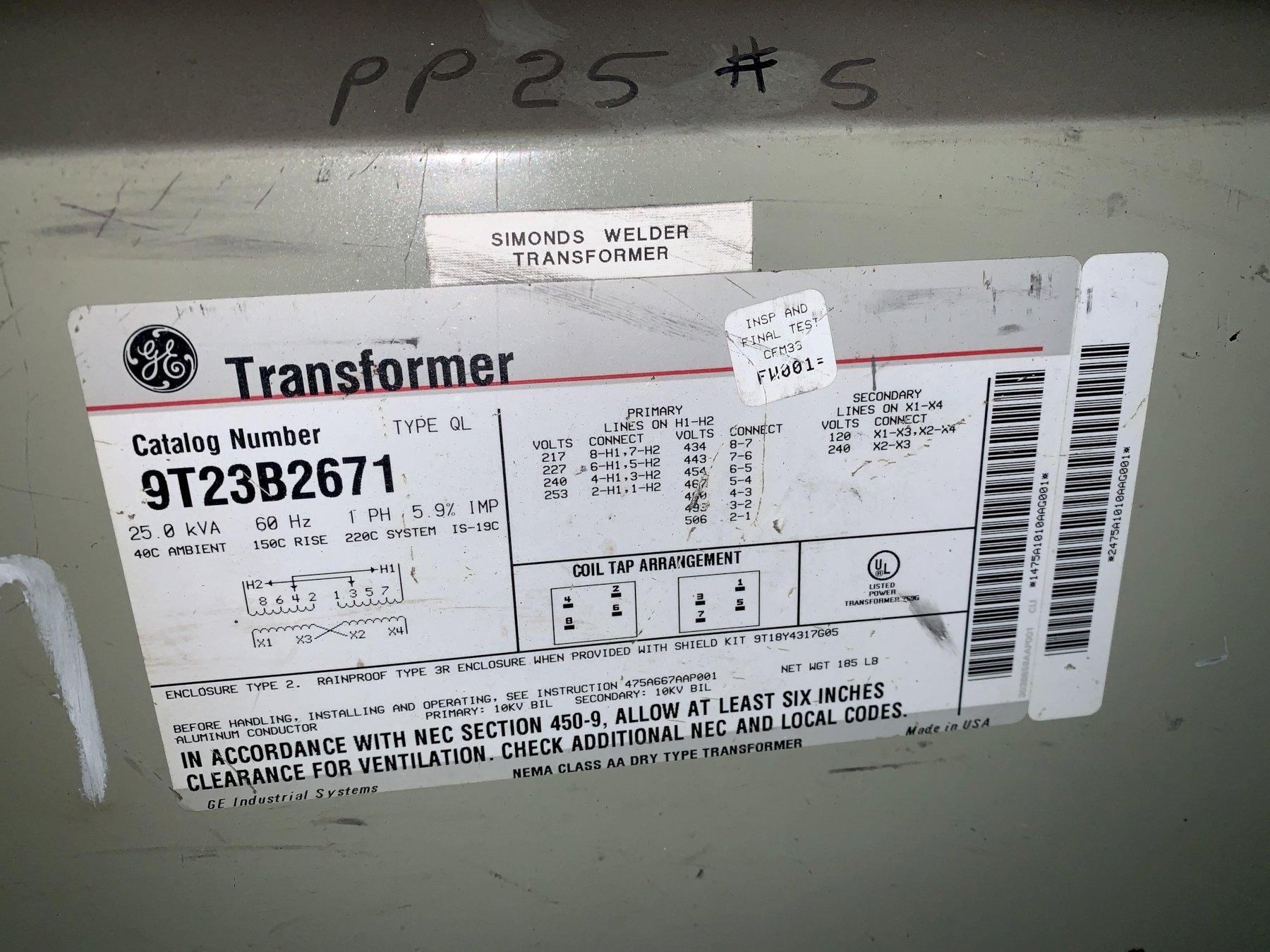 GENERAL ELECTRIC TRANSFORMER, CATALOG 9T23B2671, RATED 25 KVA STOCK 11925