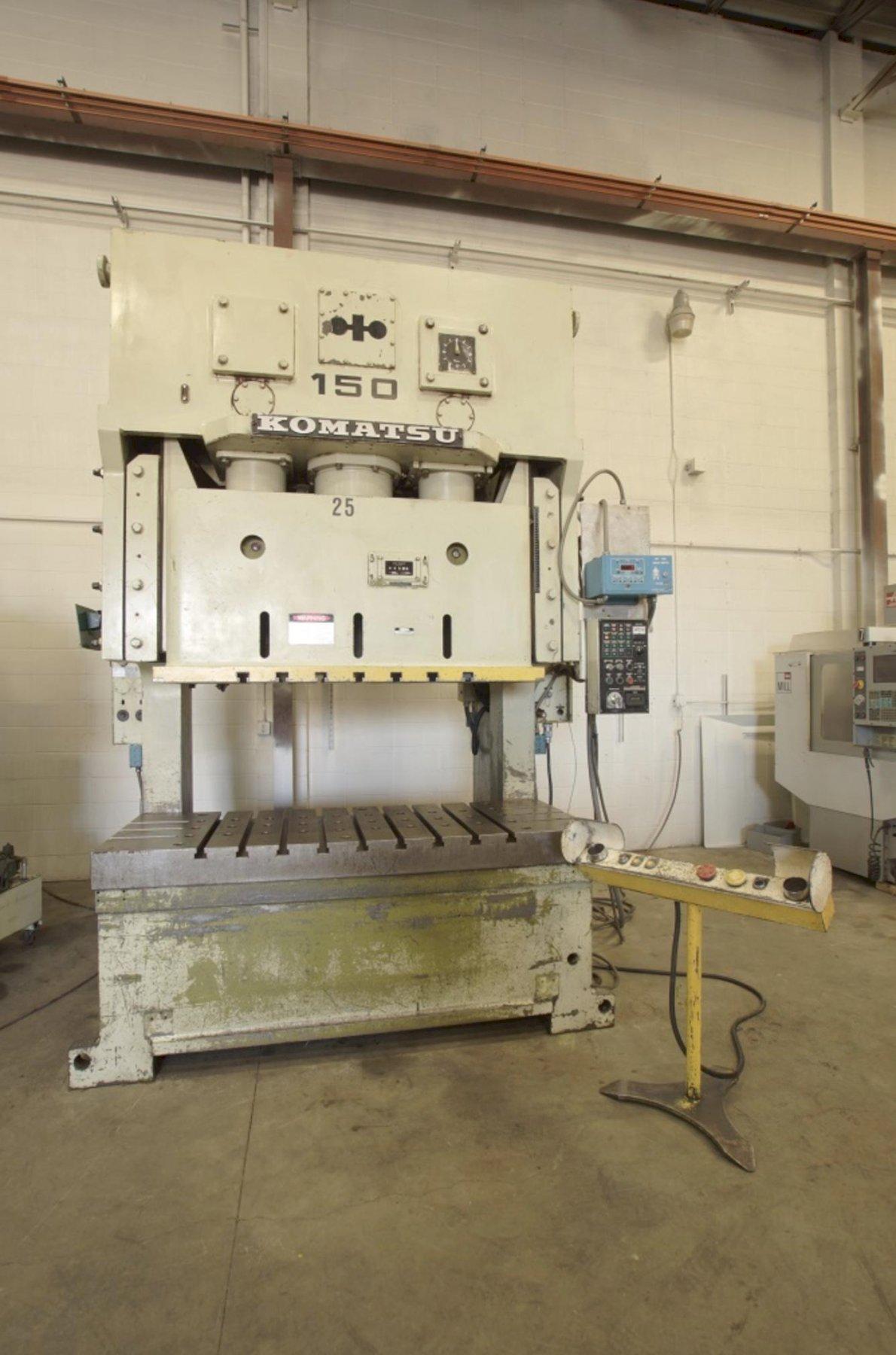 165 TON KOMATSU DOUBLE CRANK GAP FRAME PRESS, MODEL OBW150-2, 7.87" STR, 18.11" DIE HEIGHT, 3.94" ADJ, 78" LR X 30" FB BA, 35-65 SPM VARI, 1987