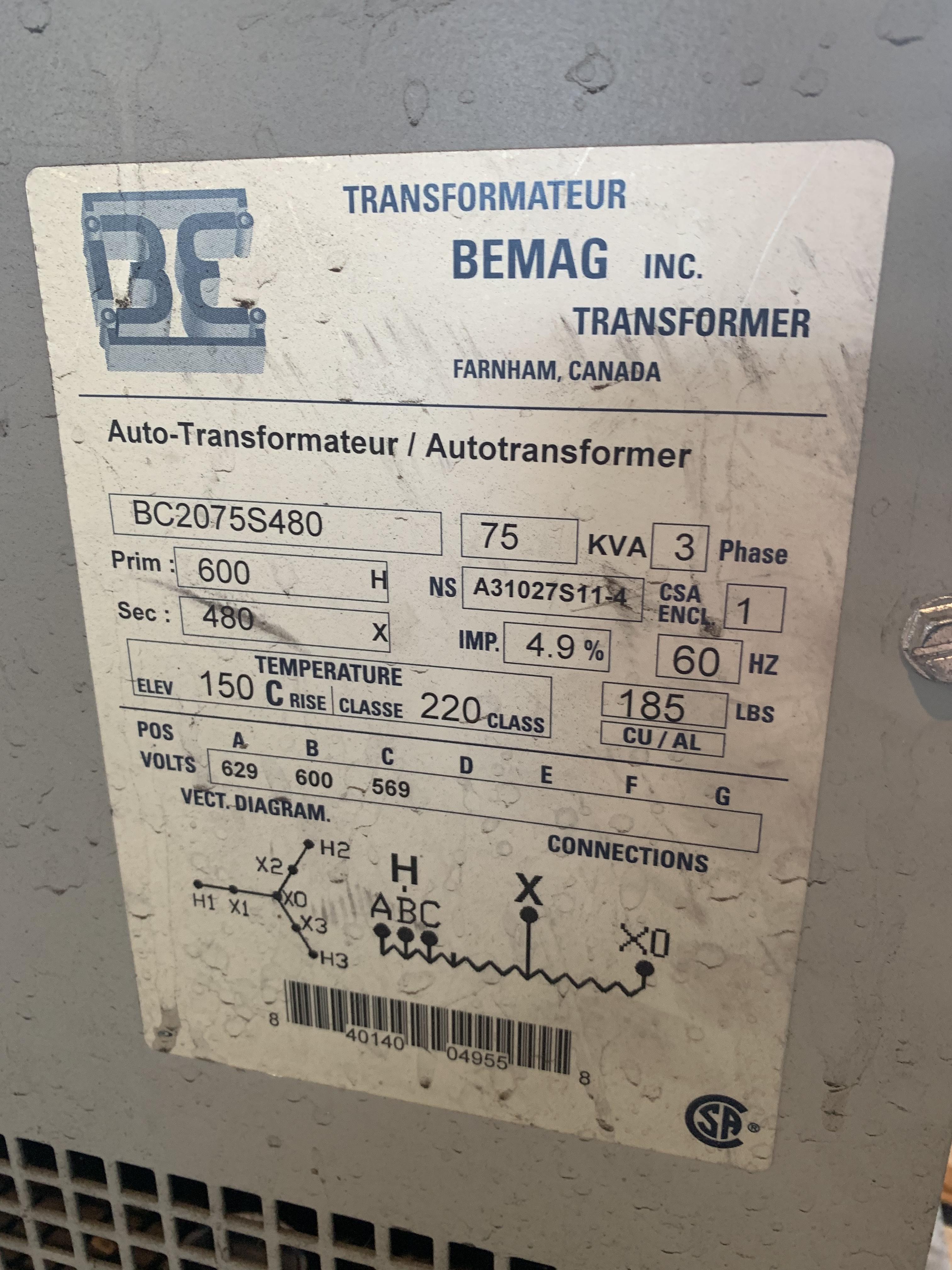 75 KVA BEMAG TRANSFORMER: STOCK #10823