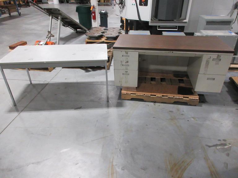 Metal Office Filing Desk with Laminate Top; 6 Drawers & Metal Legged Work Table - Auction Item