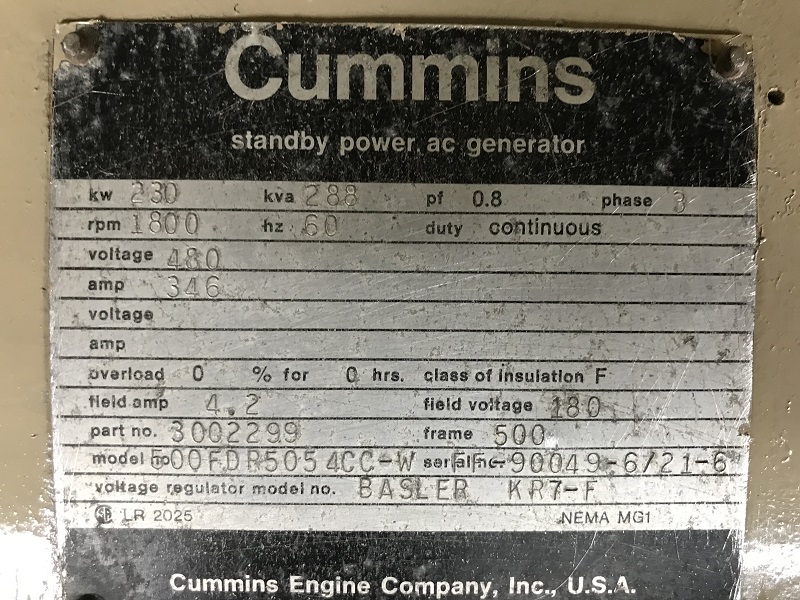 230 KW Cummins Diesel Generator G2000 Inc.
