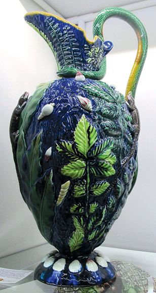A.J. Warren of Maria & Peter Warren Antiques, Monroe, Connecticut, asked $8200 for this George Jones & Sons Ltd. majolica ewer, circa 1875, 17½