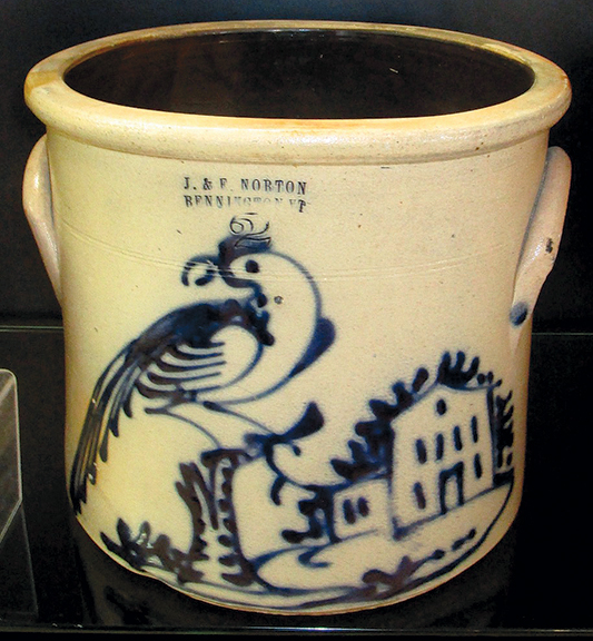 J. & E. Norton stoneware crock, stamped “J. & E. Norton / Bennington VT,” $28,000 from Sam Herrup.