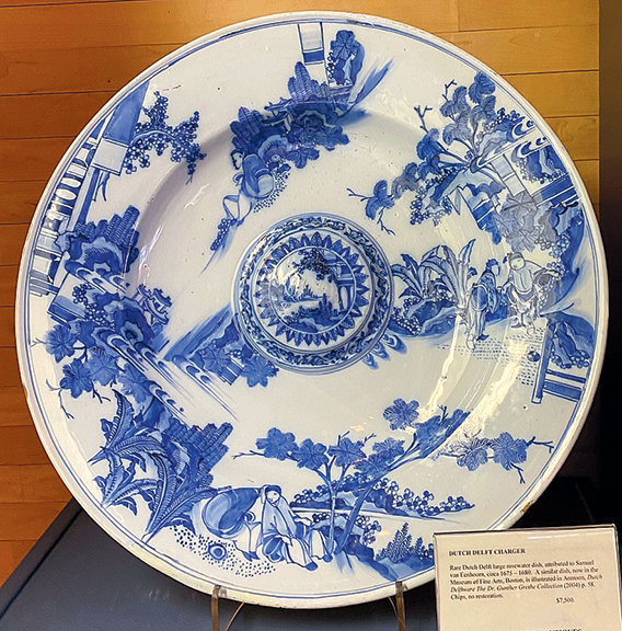 Sam Herrup asked $7500 for this Dutch Delft large rosewater dish, 1675-80, attributed to Samuel van Eenhoorn. There are no chips or restorations.