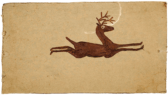 Auctioneer John Hays announced to the audience that this work by Bill Traylor was his “personal favorite” in the sale. Running Deer, 1939-42, tempera and graphite on a repurposed Mounds advertisement, sold for $97,500 (est. $30,000/50,000) to an online bidder. “Congratulations, Internet,” Hays said when he hammered the 7