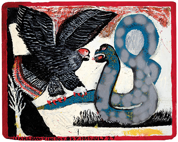Eagle and Serpent by William Hawkins (1895-1990), one of four variations painted by the artist, sold to a bidder in the room for $43,750 (est. $30,000/50,000). Property from the collection of Lenore and Stephen Blank, the 47&frac12;