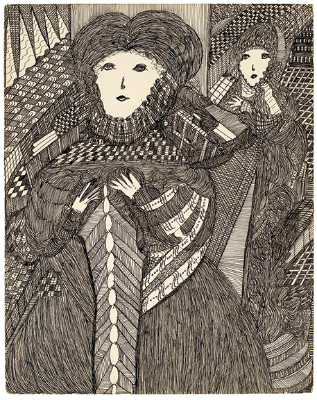 This untitled work by Madge Gill (1882-1961) sold to a bidder in the salesroom for $23,750. Dated and signed &ldquo;November 25-51 Madge Gill&rdquo; on reverse, the ink drawing on thin card, 25