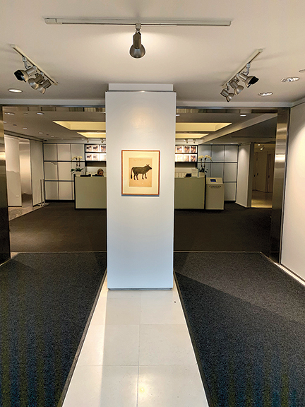 “I fought for that pillar!” said Cara Zimmerman, head of the Outsider art sale, pointing to the work by Bill Traylor gracing the entryway in Christie’s Rockefeller Center headquarters. Adell photo.