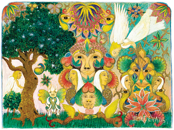 This untitled work by Minnie Evans (1892-1987), signed twice, sold to a phone bidder for $32,500 (est. $5000/7000), achieving an auction record for the artist. The untitled work (Faces, Serpents, Animals, Angels), 1966, dated and inscribed &ldquo;August 1966, Made at Airlie Garden&rdquo; on reverse, oil, gold paint, graphite, and crayon on card, 14?
