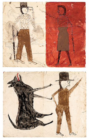 The top lot of the sale was this double-sided work by Bill Traylor (1853/54-1949), Man on White, Woman on Red / Man with Black Dog, which went to collector Jerry Lauren for $507,000.