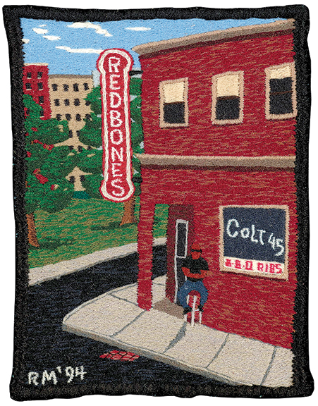 Redbones Tavern (St. Louis), 1994, by Raymond Materson (b. 1954) sold to a bidder in the salesroom for $4000 (est. $1500/3000). The work, unraveled sock threads embroidered on fabric, measures 4?