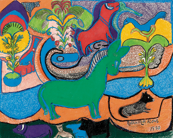 Green Horse by Nellie Mae Rowe (1900-1982) sold to a bidder in the salesroom for $20,000 (est. $5000/10,000). Signed and dated “Nellie Mae Rowe 1980” lower right, the work in crayon, pastel, and graphite on paper, 16