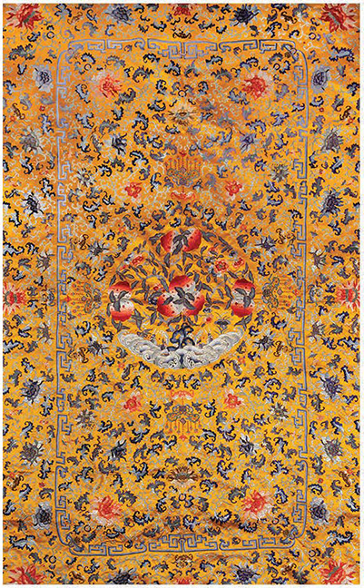 ONE OF SEVERAL FINE CHINESE SILKS YELLOW KESI SILK PANEL WITH PEACHES $1,500-$2,500