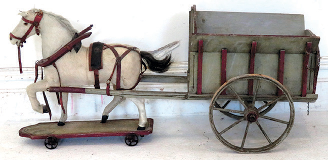 Hide covered horse on wheels w/ cart, 30”