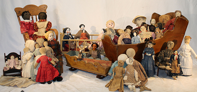 Wonderful private collection of dolls & accessories including rag, wooden, china head, etc.