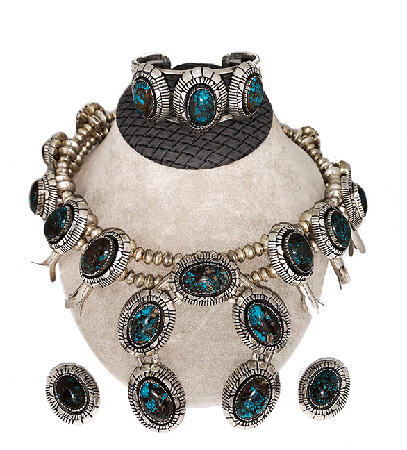 Native American sterling silver & turquoise necklace, bracelet, and earrings.