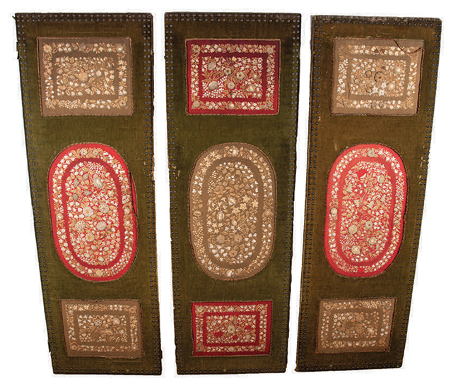 Three Large 19th Century Wyandot Moose Hair Embroidered Panels, Comprising a Room Screen