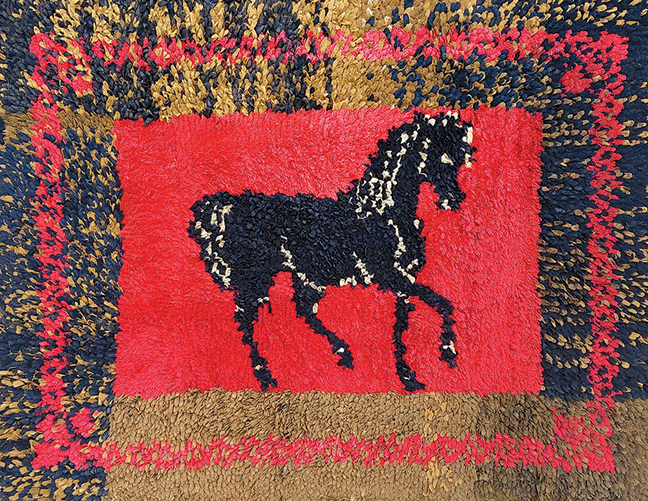 Clipped New England Folk Horse Rug on Cotton Back. Circa 1890-1920. Professionally Mounted. 40” Long x 30” High.