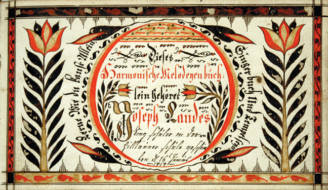 Fraktur from early Song Book, Signed Joseph Landes 1819. A note with the song book reads “This Song Book came out of the Snow Hill Cloister just north of Waynesboro, Pa along Rt 997.” Joseph B. Landes Born 1779, Death 1860 Ephrata, Pa. The Ephrata Cloister (1732) was associated with the Snow Hill Cloister listing Early Landes Family Members.